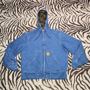 Carhartt J08 DST denim insulated zip-up hoodie size mens M vintage plaid tartan